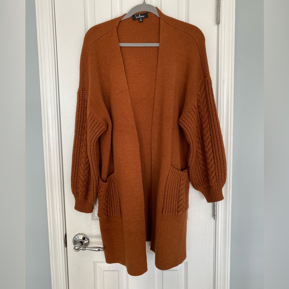 Lulu's Rust Cable Knit Open-Front Cardigan - Picture 3 of 16